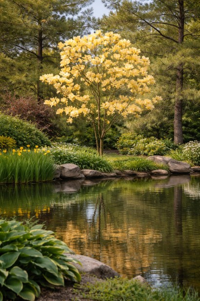 Магнолія-метелик біля водойми